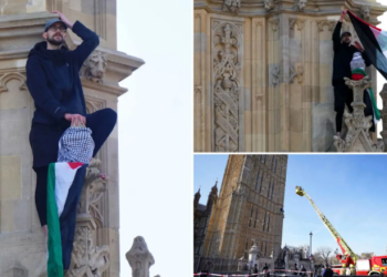 Një burrë ngjitet në kullën Big Ben me flamurin palestinez në dorë, rrethohet nga policia – pamjet bëhen virale në rrjete sociale