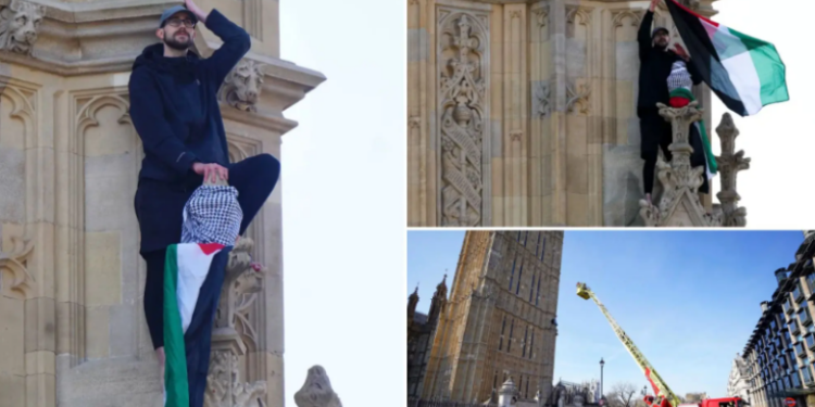 Një burrë ngjitet në kullën Big Ben me flamurin palestinez në dorë, rrethohet nga policia – pamjet bëhen virale në rrjete sociale