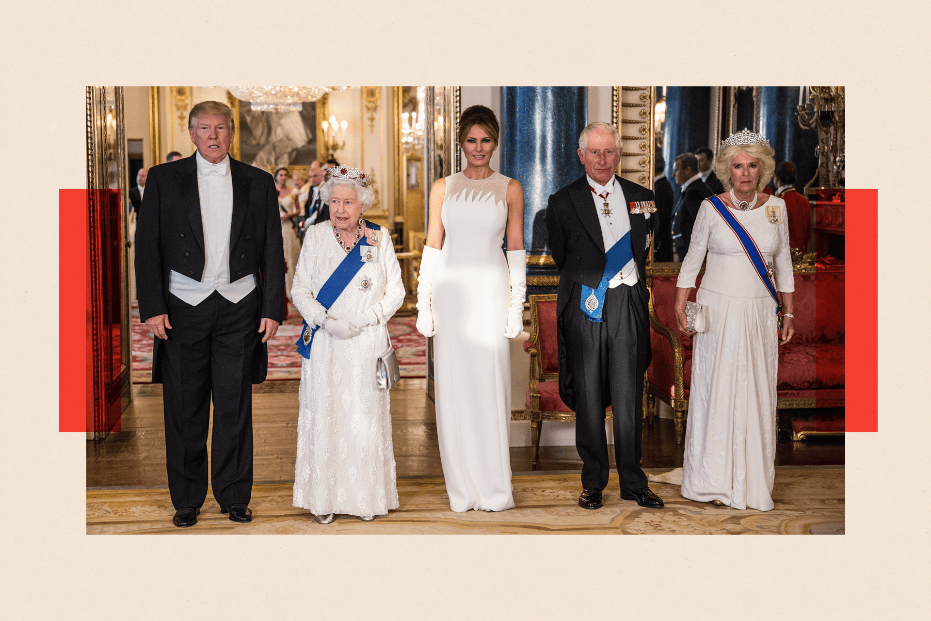 Presidenti Donald Trump (majtas), Mbretëresha Elizabeth II, Zonja e Parë Melania Trump, Princi Charles, Princi i Uellsit dhe Dukesha Camilla e Cornwall marrin pjesë në një banket shtetëror në Pallatin Buckingham më 3 qershor 2019 në Londër.