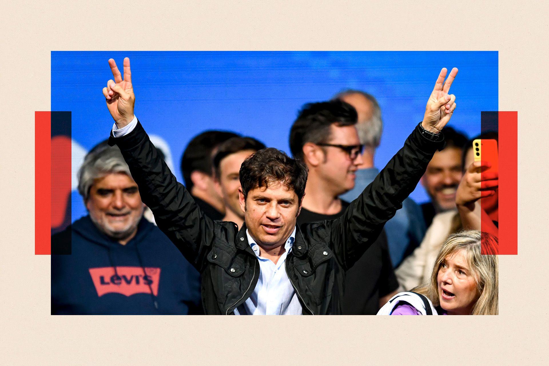 Guvernatori i Provincës së Buenos Airesit, Axel Kicillof, përshëndet mbështetësit pas zgjedhjeve të përgjithshme.
