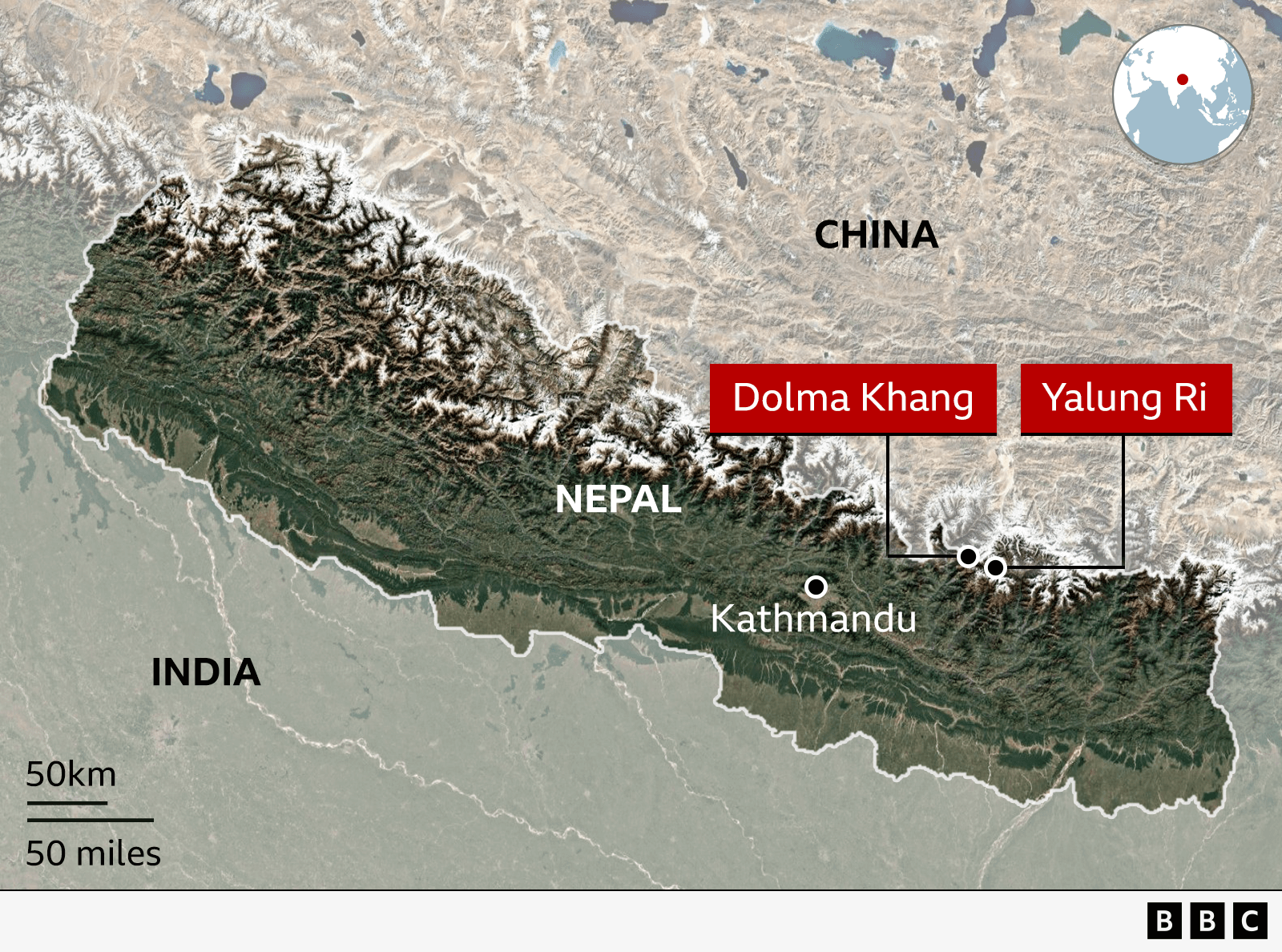 Një hartë e Nepalit që tregon Katmandu, Dolma Khang dhe Yalung Ri