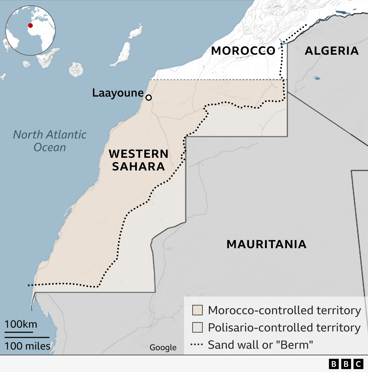 një hartë e Saharasë Perëndimore, që tregon zonat nën kontrollin e Polisario-s