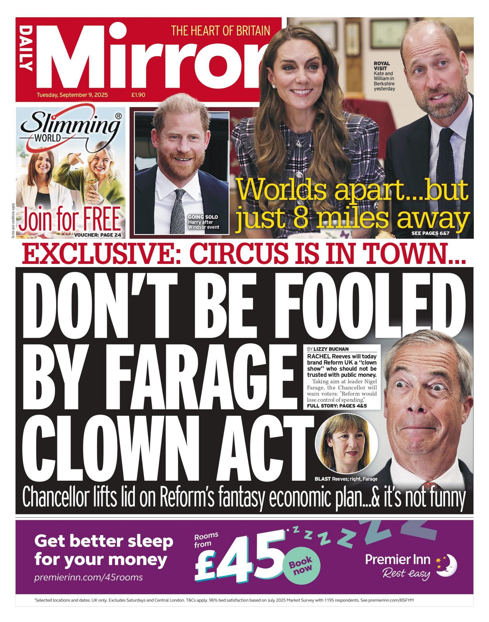Titulli në faqen e parë të Daily Mirror thotë: "Mos u mashtroni nga akti i kllounit të Farage".