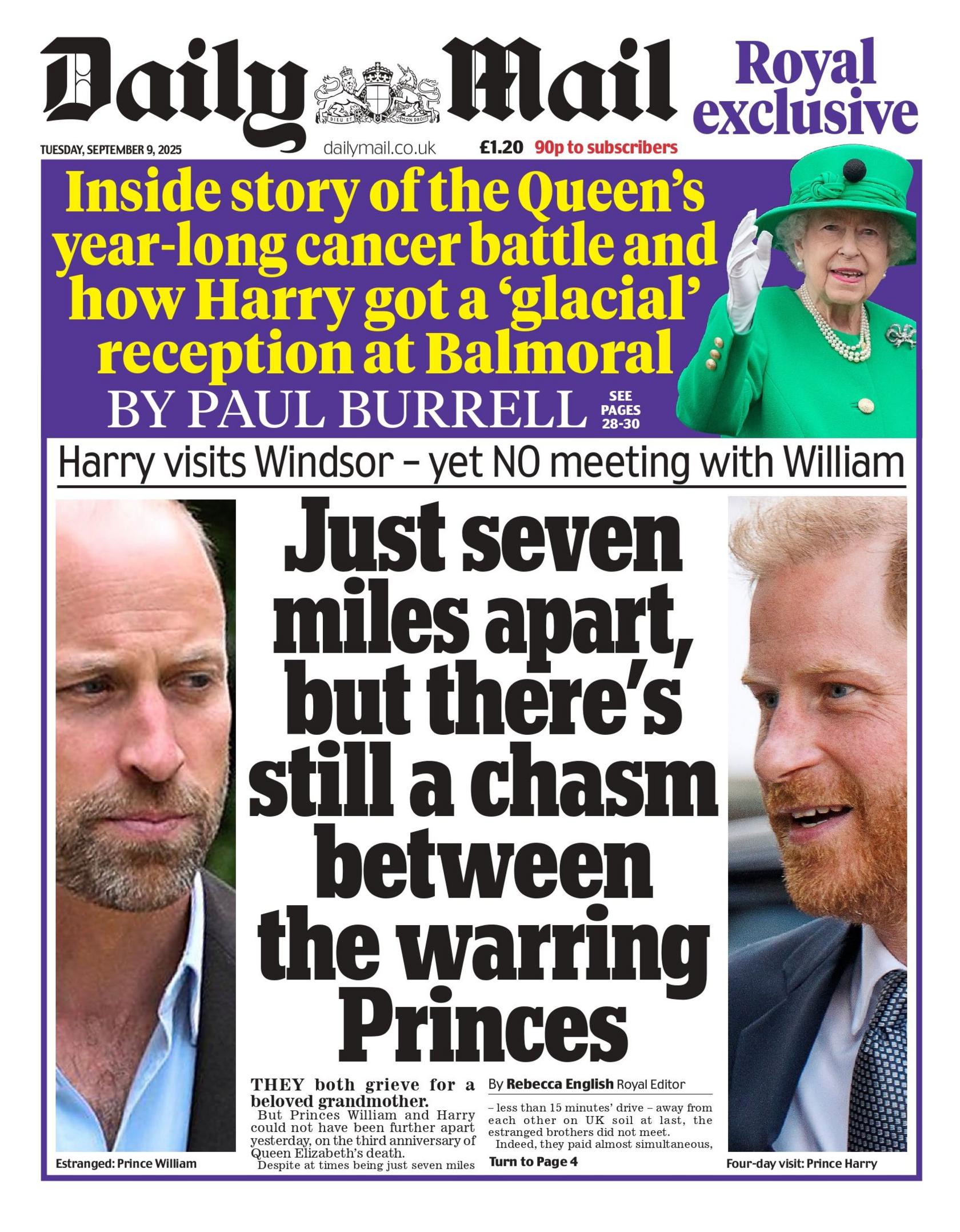 Titulli në faqen e parë të Daily Mail thotë: "Vetëm shtatë milje larg, por ende ka një humnerë midis Princave ndërluftues".