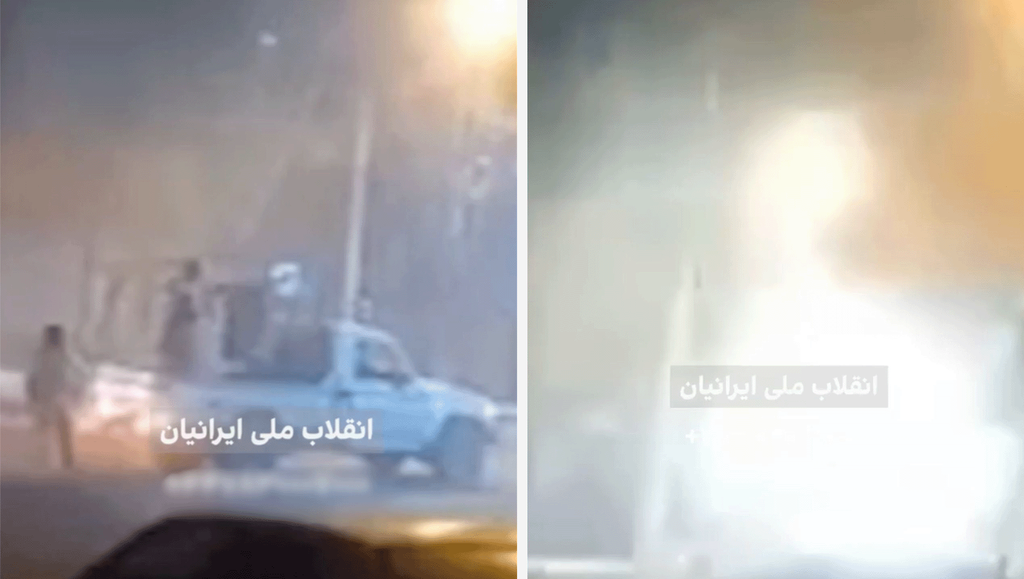 Një imazh i përbërë tregon dy pamje të ekranit nga një video e publikuar nga rrjeti televiziv Iran International, të një mitralozi të montuar në pjesën e pasme të një kamionete të bardhë në protestat e 9 janarit në qytetin Yazdanshahr, provinca Isfahan, (majtas) dhe të shtënat masive nga gryka e fishekëve kur qëllohet.