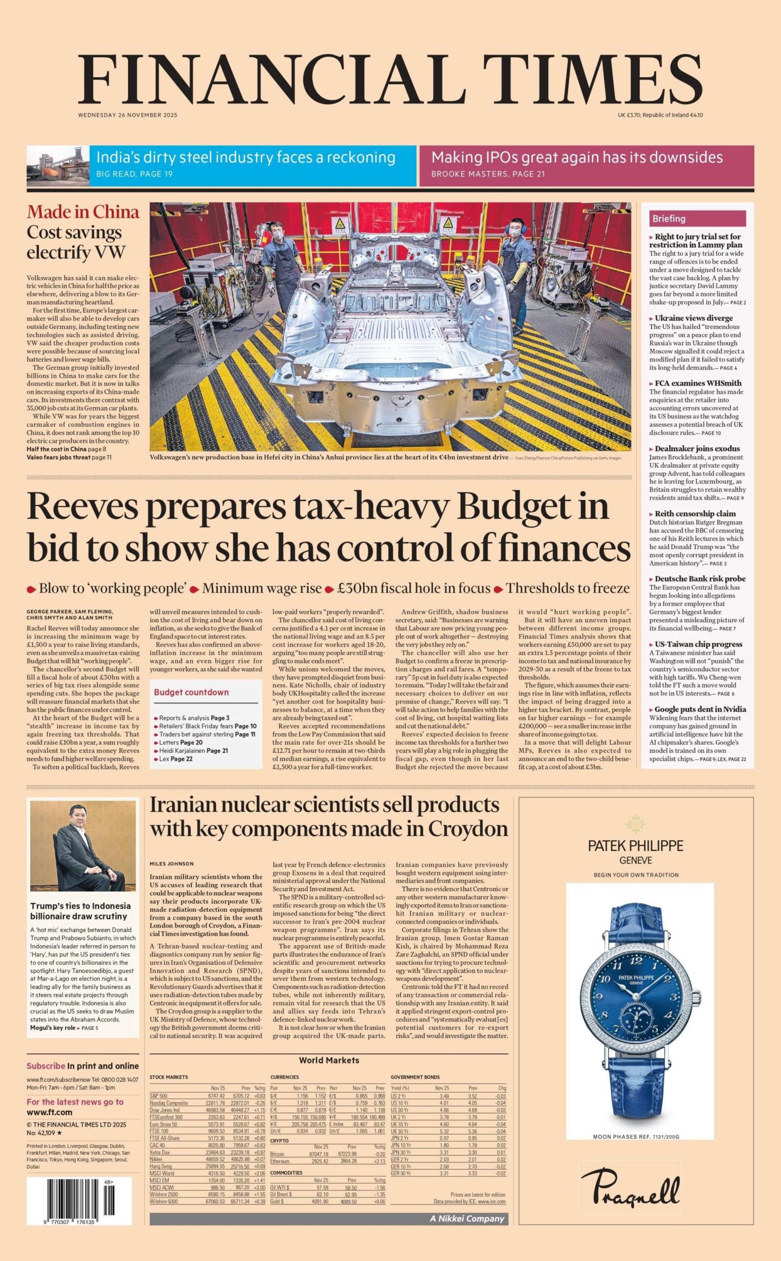 "Reeves përgatit një buxhet të mbushur me taksa të rënda në përpjekje për të treguar se ka kontroll mbi financat", shkruhet në titullin kryesor në faqen e parë të Financial Times.