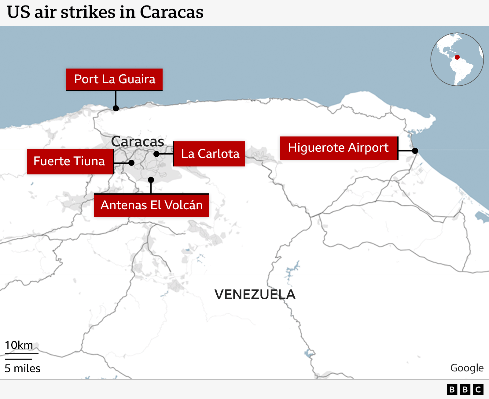 Hartë që tregon vendndodhjet e sulmeve ajrore amerikane në dhe përreth Karakasit, Venezuelë. Vendet e theksuara përfshijnë Portin La Guaira në veri, Fuerte Tiuna dhe La Carlota në Karakas, dhe Aeroportin Higuerote në lindje.