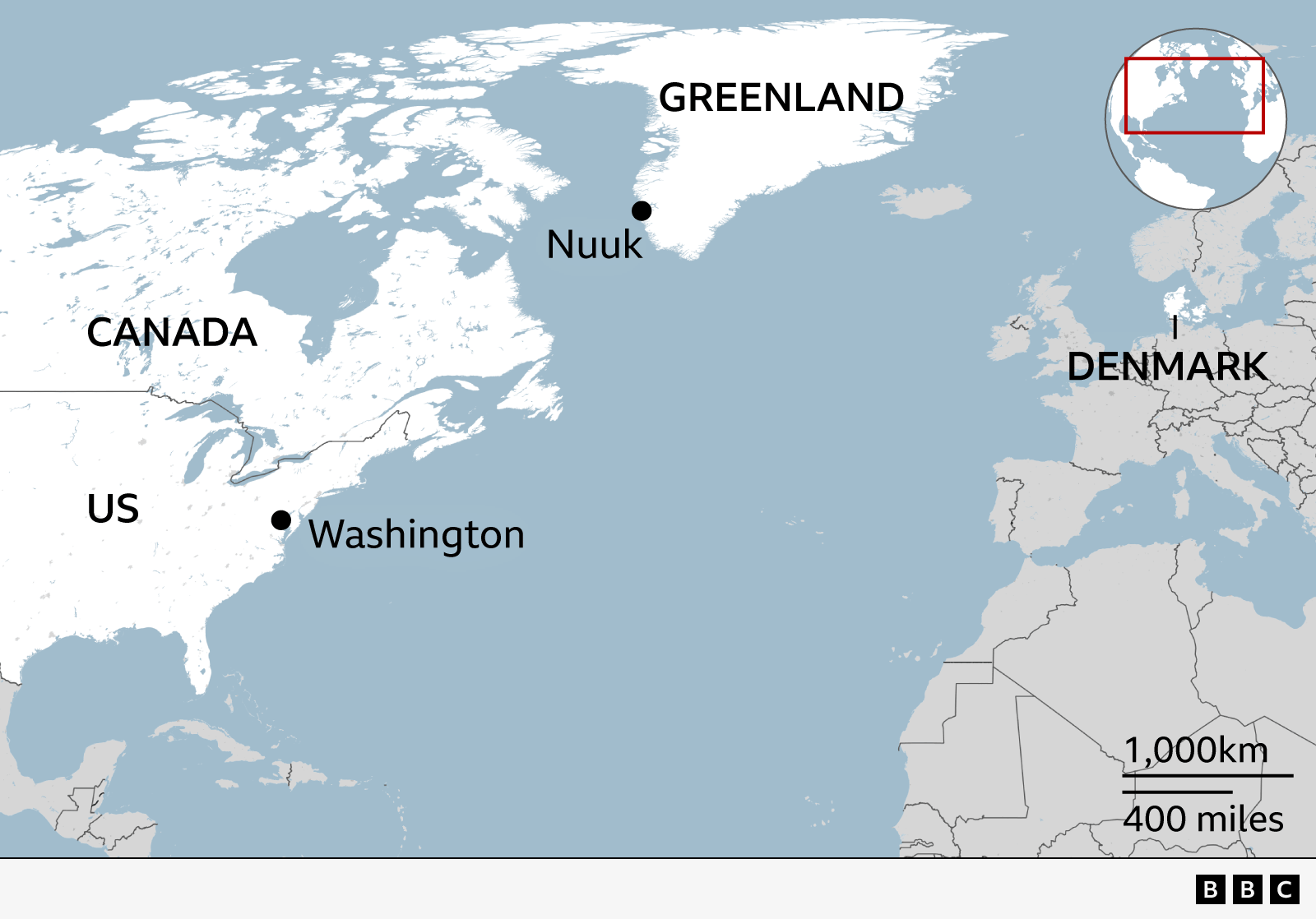 Hartë që tregon vendndodhjen e Groenlandës dhe kryeqytetit Nuuk, në krahasim me Danimarkën, Kanadanë dhe Shtetet e Bashkuara. Gjithashtu është etiketuar kryeqyteti i SHBA-së, Uashingtoni.