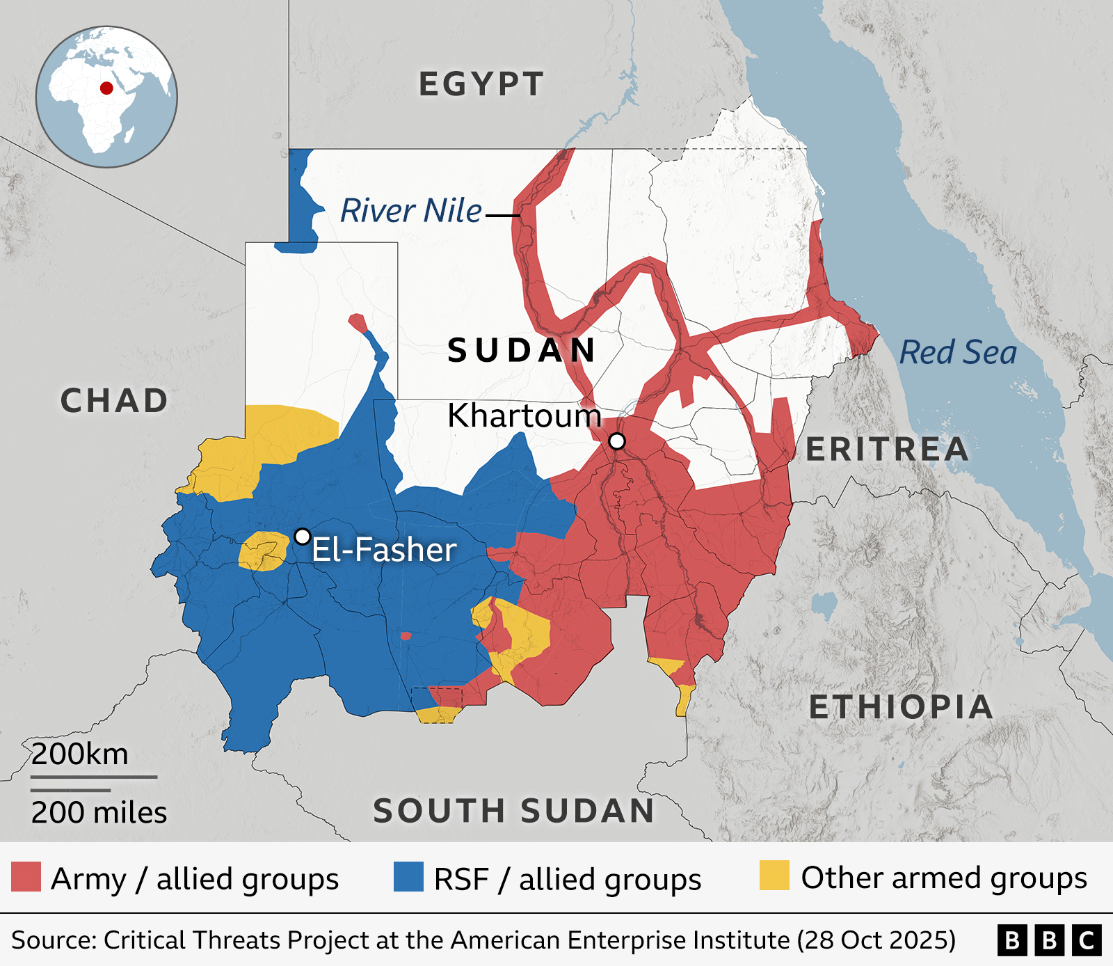 Harta e Sudanit që tregon kontrollin territorial që nga 28 tetori 2025. Zonat e kontrolluara nga ushtria dhe grupet aleate janë shënuar me të kuqe, RSF dhe grupet aleate me blu, dhe grupe të tjera të armatosura me të verdhë. Qytetet kryesore si Khartumi dhe el-Fasheri janë etiketuar . Lumi Nil është gjithashtu i përshkruar. Burimi: Projekti i Kërcënimeve Kritike në Institutin Amerikan të Ndërmarrjeve.
