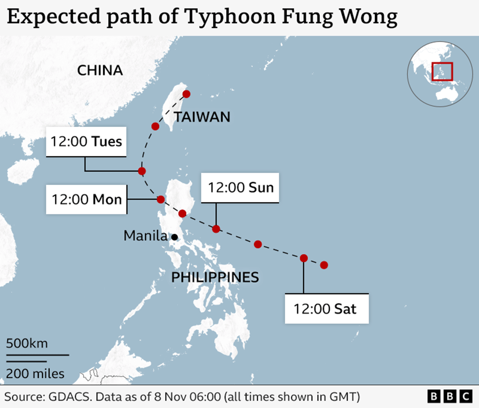 Një grafik tregon rrugën e pritur të tajfunit Fung Wong, i cili pritet të arrijë në Filipine midis orës 12:00 GMT të dielën dhe 12:00 GMT të hënën, dhe më pas të godasë Tajvanin më vonë të martën.