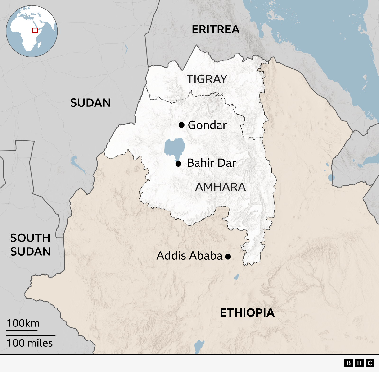 Hartë që tregon vendndodhjen e Amharës në Etiopinë veriperëndimore. Rajoni Tigray është në veri të Amharës. Tregohen gjithashtu fqinjët e Etiopisë, Eritrea (në veri), Sudani dhe Sudani i Jugut (në perëndim).
