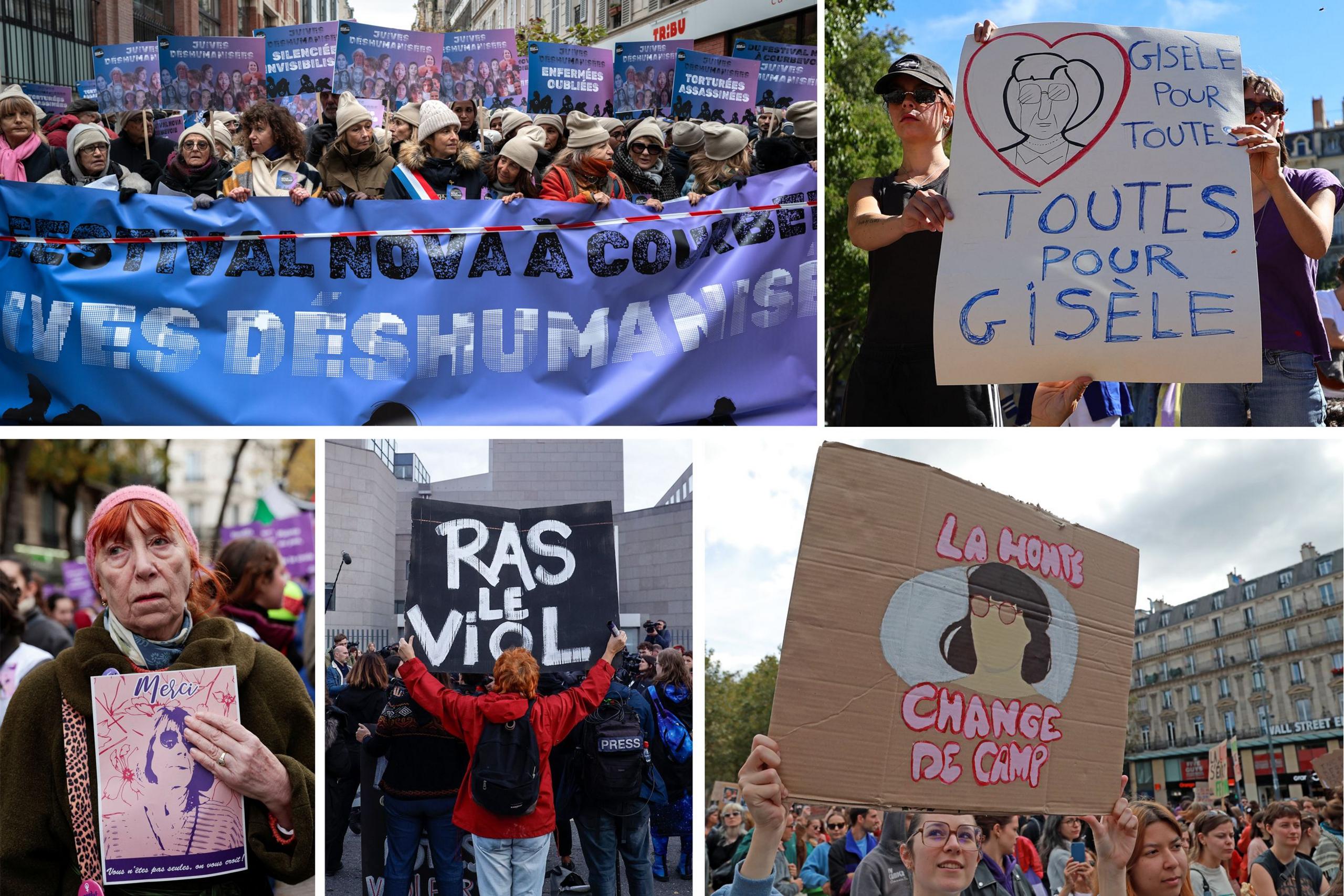 Një grua mban një pankartë në mbështetje të viktimës së përdhunimit Gisèle Pelicot gjatë demonstratave të ndryshme për të protestuar kundër femicidit dhe dhunës seksuale në Francë, 2024