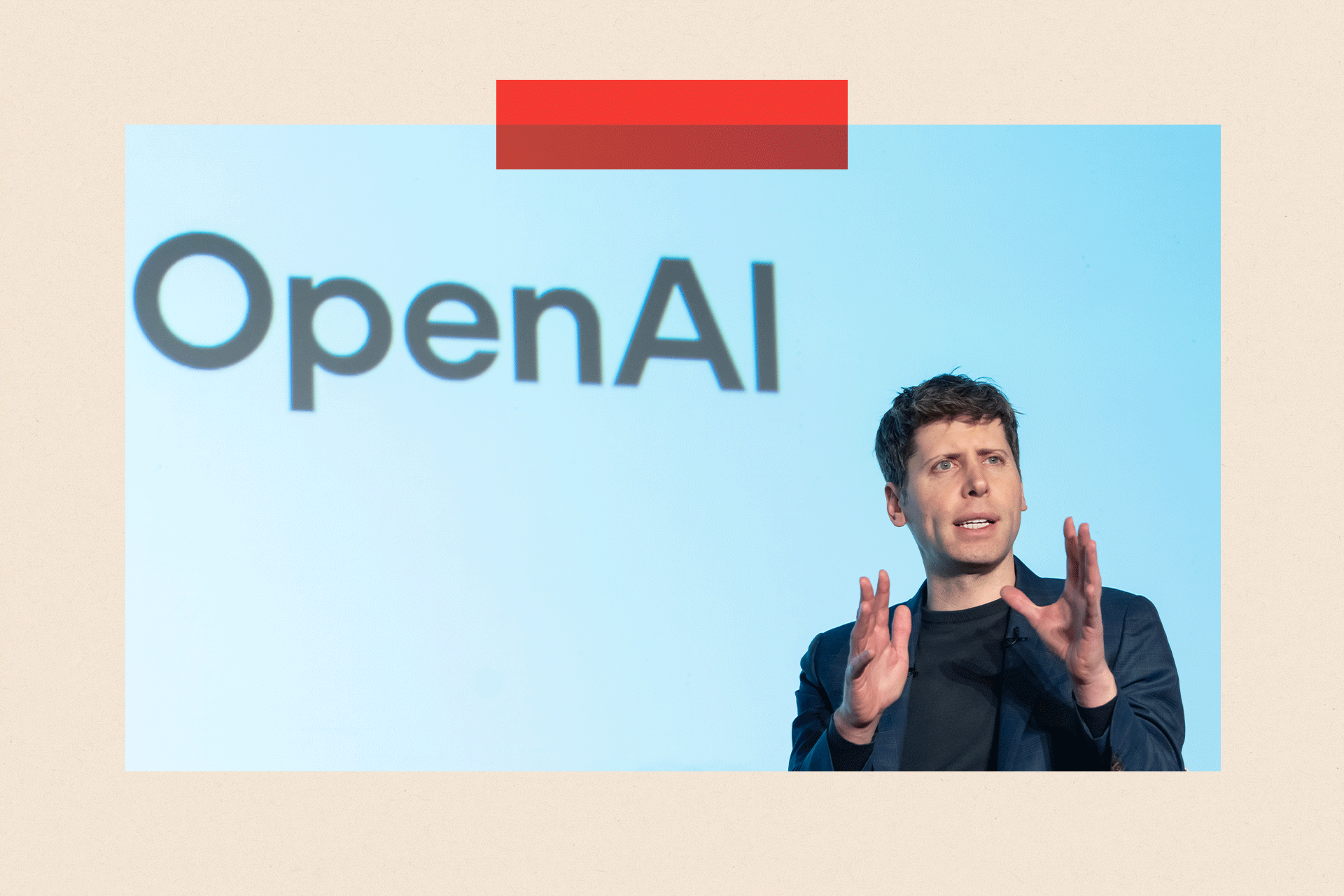 Sam Altman duke folur pranë një shenje të Open AI
