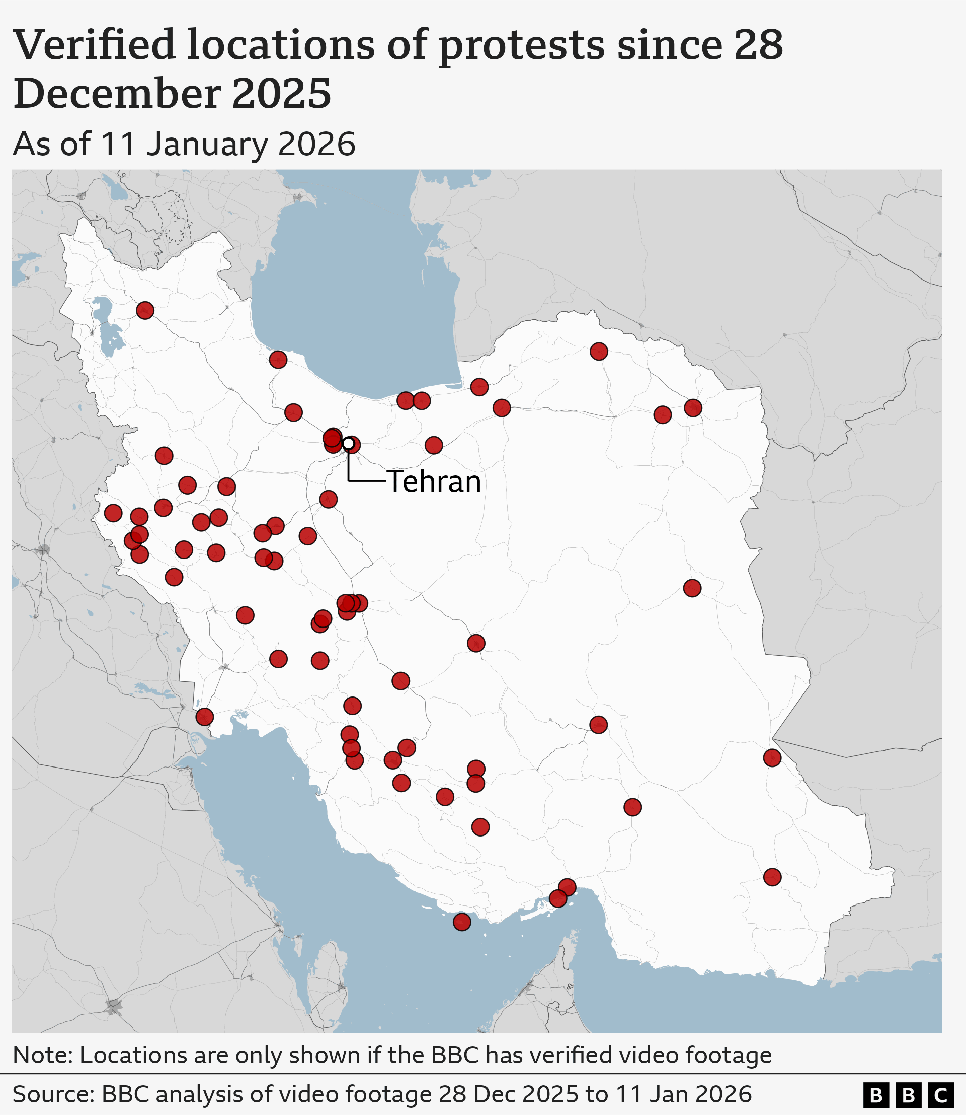 Hartë që tregon vendet e verifikuara të protestave në Iran që nga 28 dhjetori 2025, që nga 11 janari 2026