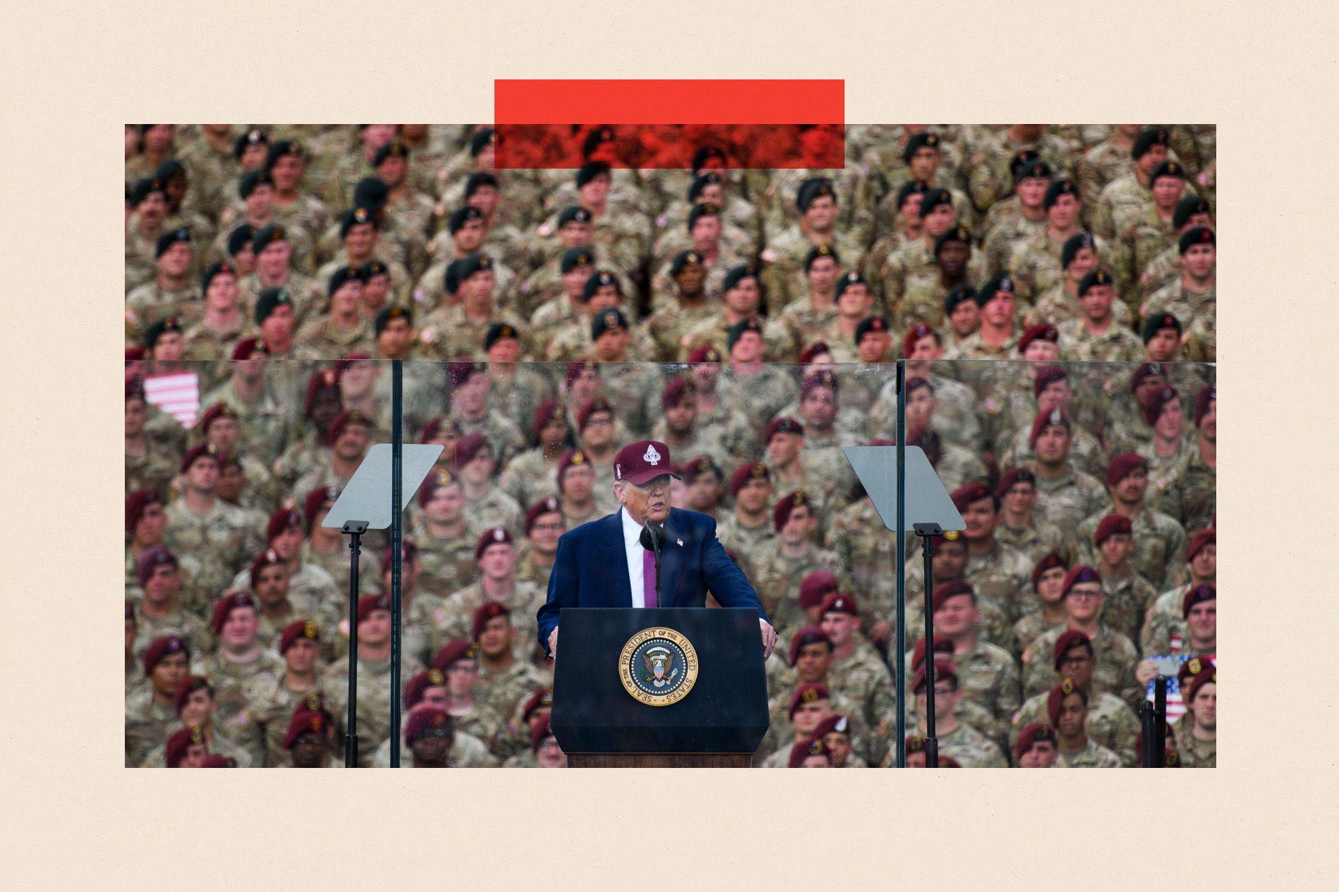 Presidenti i SHBA-së, Donald Trump, i drejtohet një turme ushtarësh dhe grash
