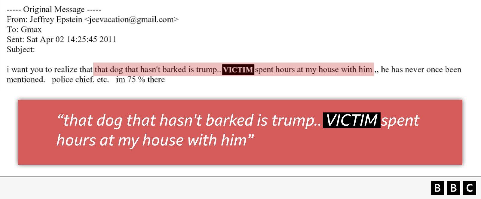 Imazhi tregon një shkëmbim email-esh të publikuar si pjesë e dosjeve, me një rresht të theksuar që thotë: "ai qen që nuk ka lehur është Trump... [VIKTIMA] kaloi orë të tëra në shtëpinë time me të".