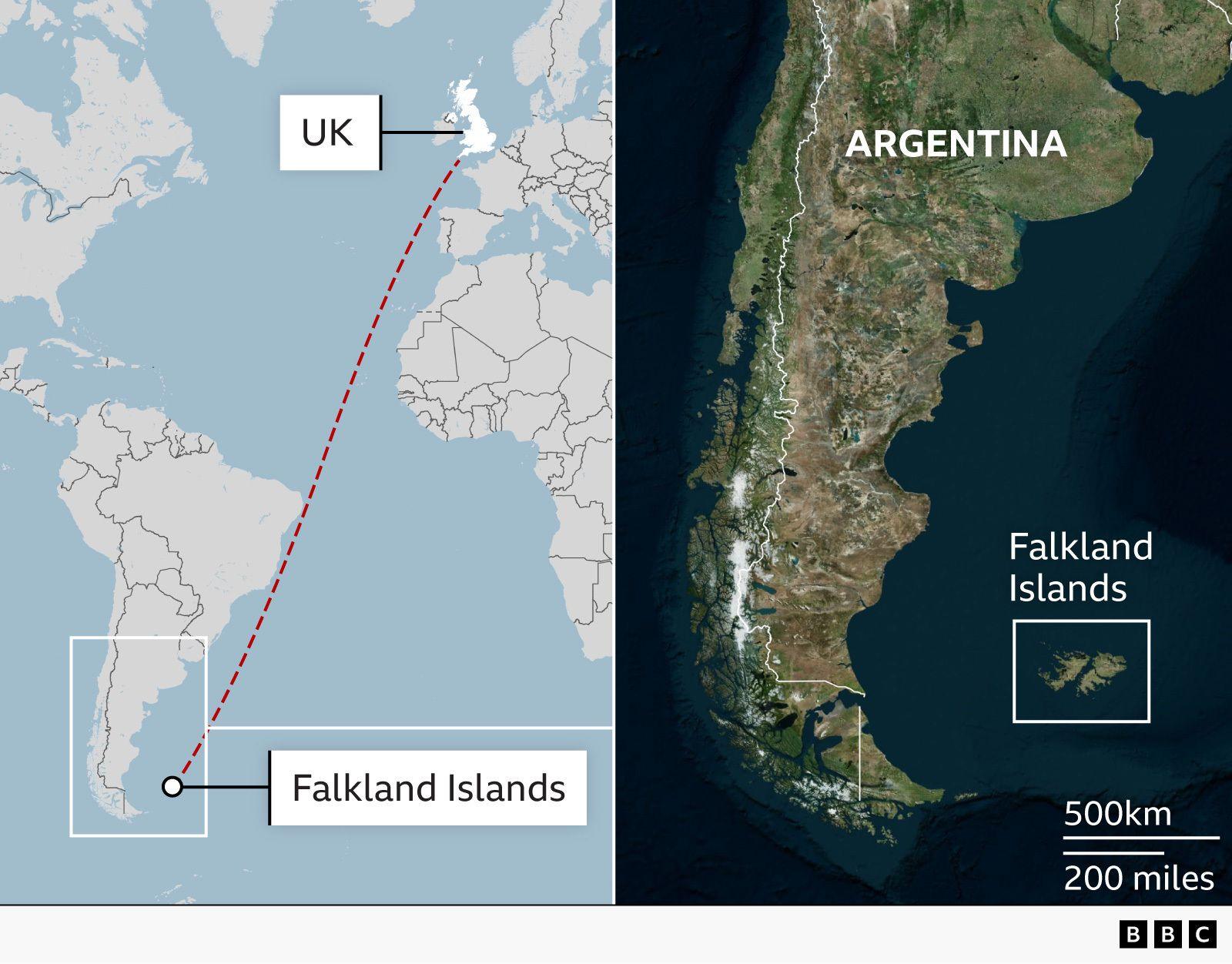 Hartë e ndarë që tregon vendndodhjen e Ishujve Falkland. Në të majtë, një hartë e thjeshtuar botërore nxjerr në pah Mbretërinë e Bashkuar dhe Ishujt Falkland, të lidhur nga një vijë e kuqe e ndërprerë përmes Oqeanit Atlantik. Në të djathtë, një hartë në stil satelitor e Amerikës Jugore jugore etiketon Argjentinën dhe shënon Ishujt Falkland në lindje.
