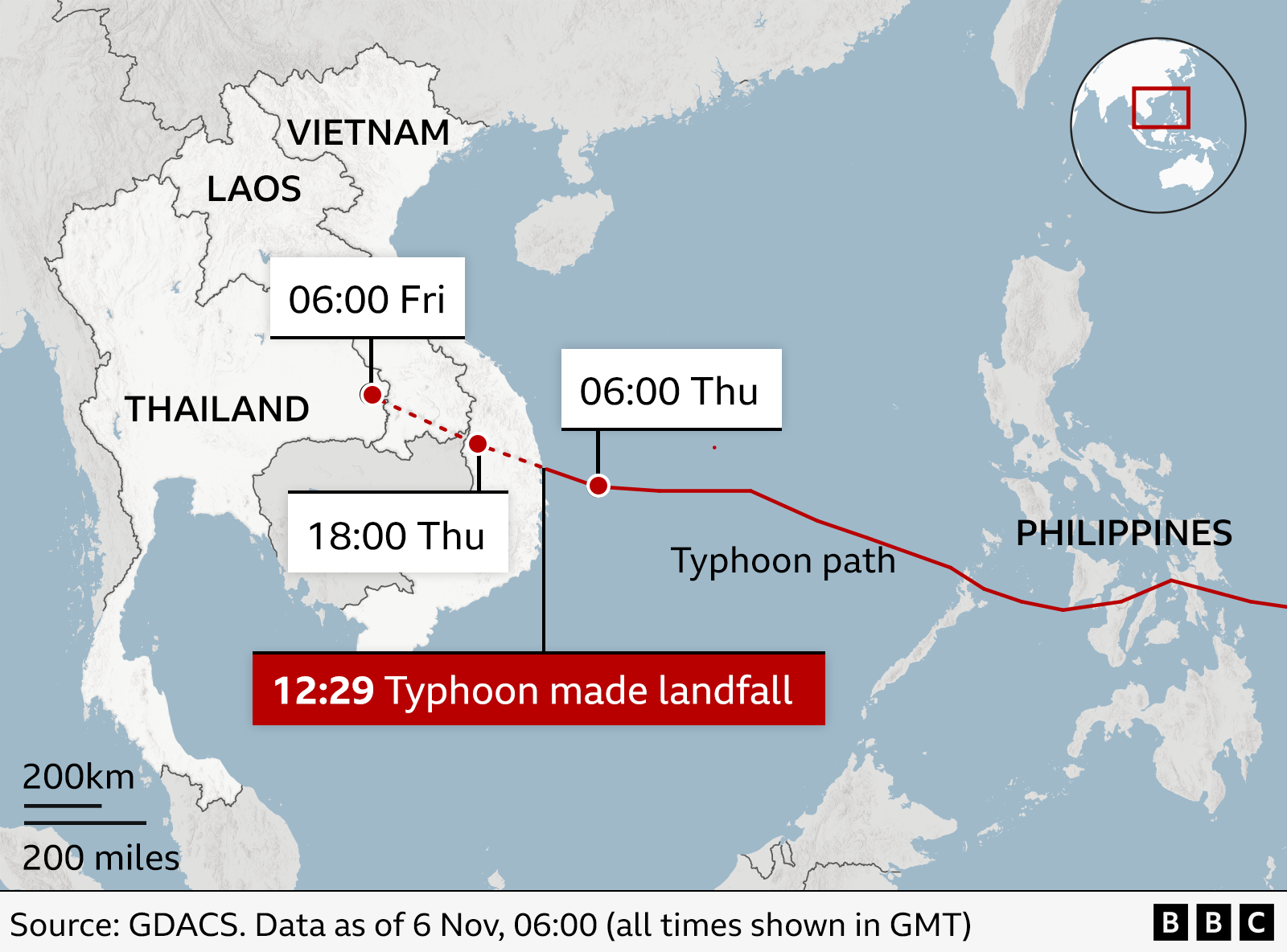 Imazhi tregon rrugën e tajfunit, i cili arriti në Vietnam në orën 12:29 (GMT) më 6 nëntor.