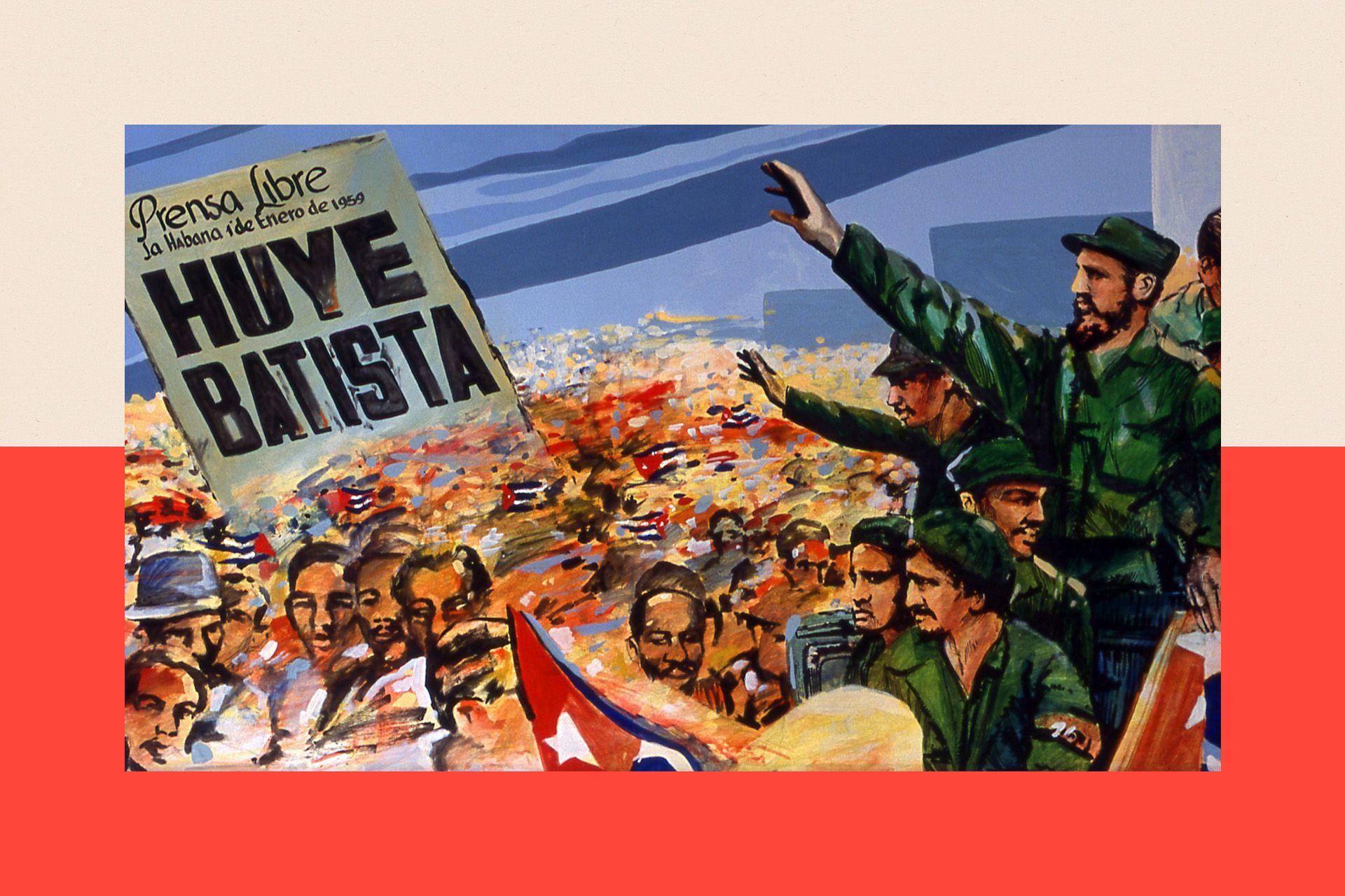 Një pikturë që tregon Fidel Kastron duke festuar me njerëzit përmbysjen e regjimit të Batistës