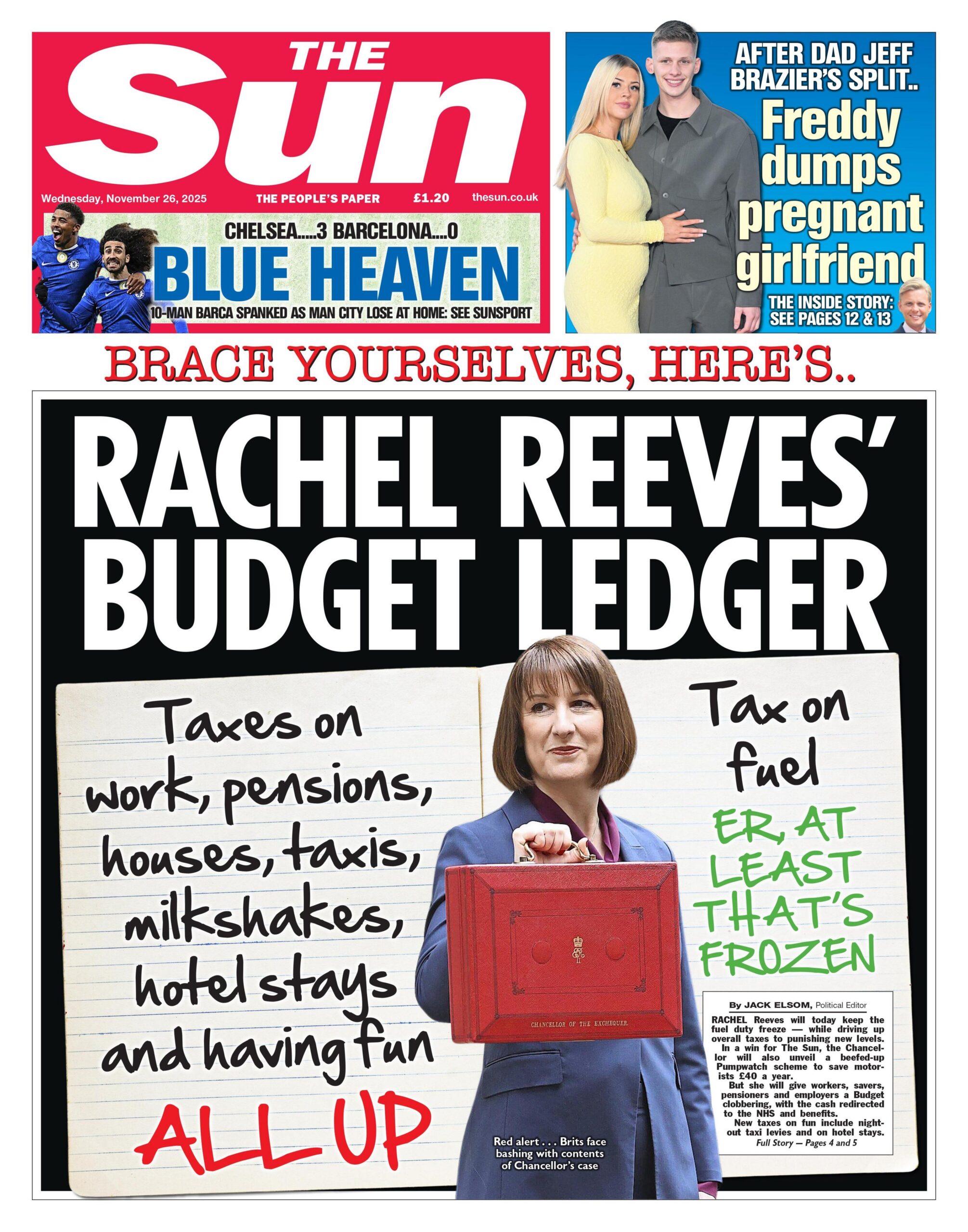 "Përgatituni, ja ku është libri i buxhetit të Rachel Reeves", thuhet në titullin kryesor të gazetës "The Sun" në faqen e parë.