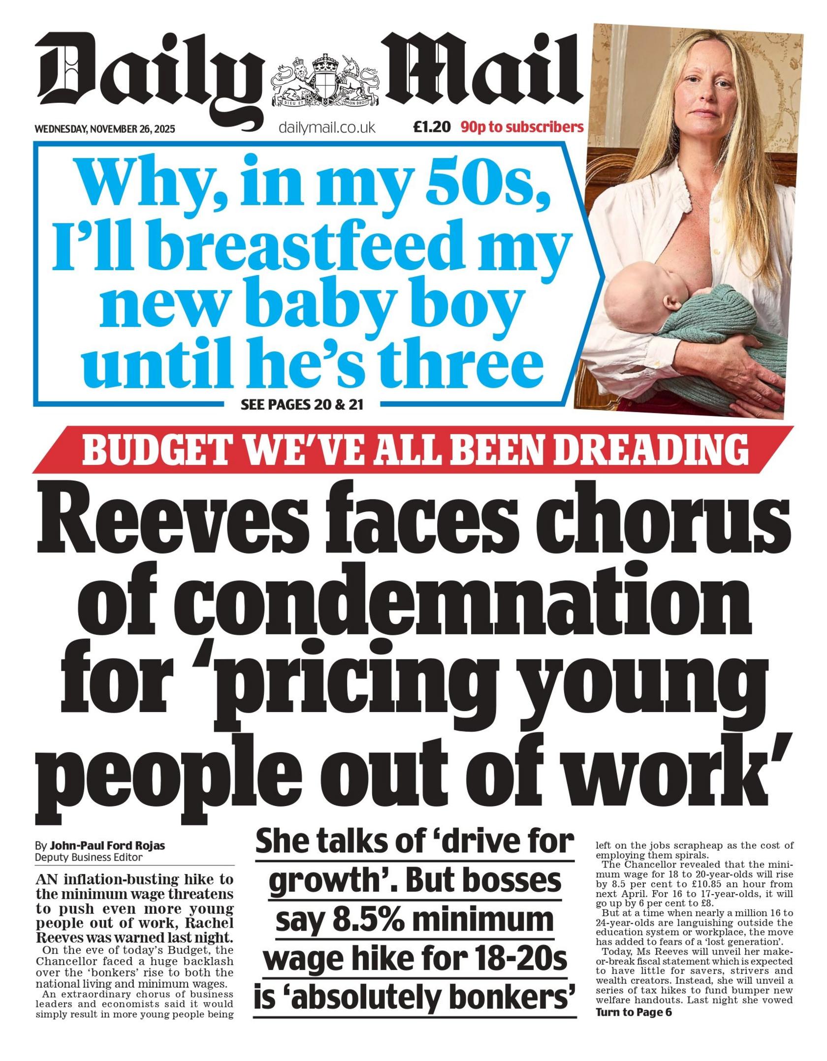 "Reeves përballet me një kor dënimesh për 'çmimin e të rinjve nga puna'", thuhet në titullin kryesor të faqes së parë të Daily Mail.
