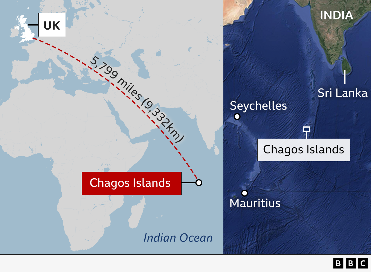 Imazhi tregon dy harta. Njëra hartë tregon distancën e Ishujve Chagos nga Mbretëria e Bashkuar. Harta tjetër tregon Ishujt Chagos në lidhje me bregdetin e Afrikës, Indisë dhe Azisë Juglindore.