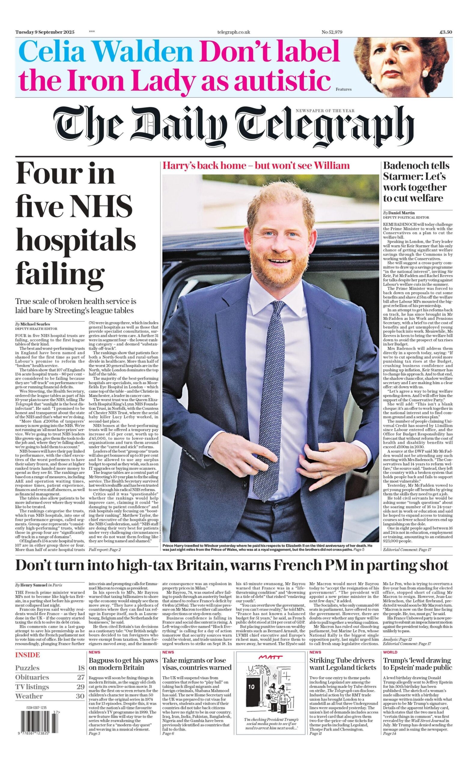 Titulli në faqen e parë të Daily Telegraph thotë: "Katër nga pesë spitale të NHS-së po dështojnë".