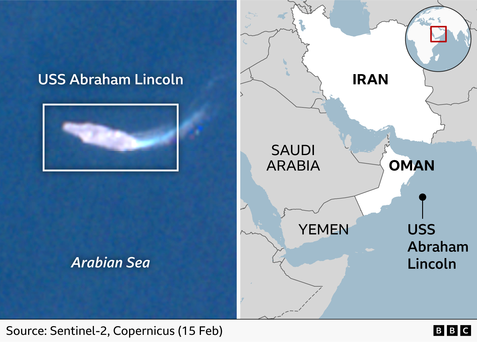 Imazh satelitor i USS Abraham Lincoln në Detin Arabik pranë hartës së Iranit, Arabisë Saudite, Jemenit dhe Omanit që tregon USS Abraham Lincoln në brigjet e Omanit