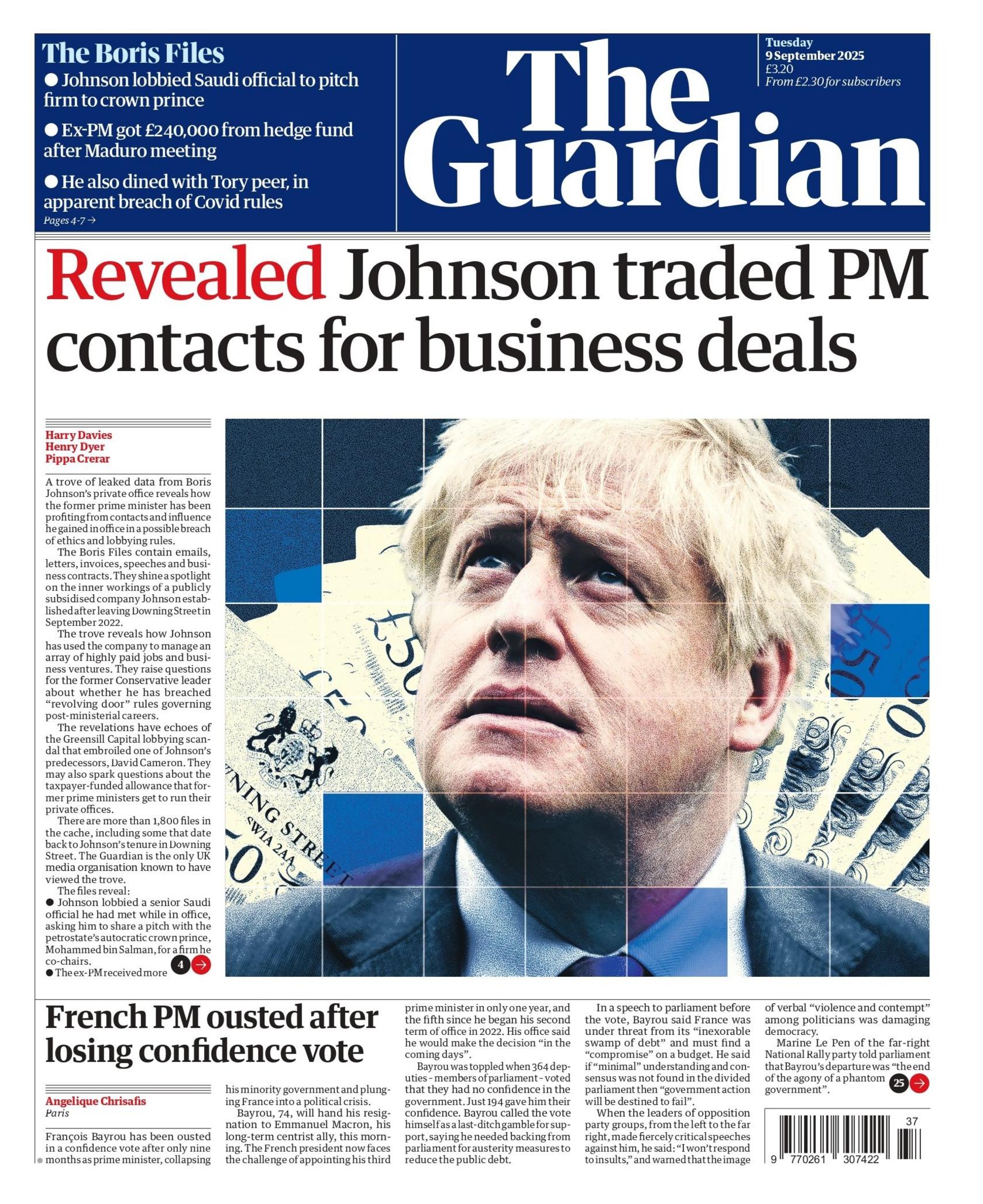 Titulli në faqen e parë të gazetës Guardian thotë: “Zbulohet: Johnson shkëmbeu kontaktet e kryeministrit për marrëveshje biznesi”.