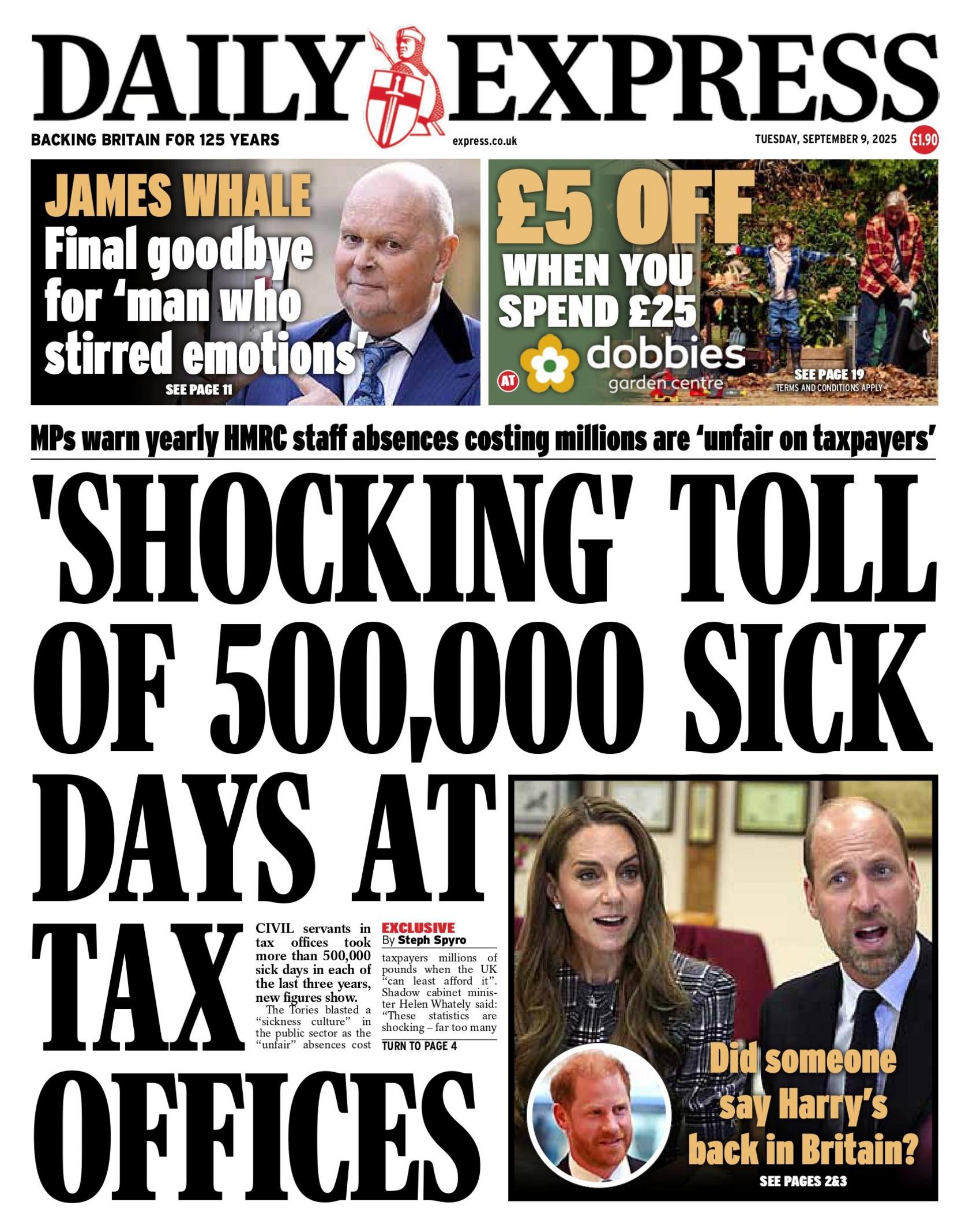 Titulli në faqen e parë të Daily Express thotë: "Numri 'tronditës' i 500,000 ditëve të pushimit mjekësor në zyrat e taksave".