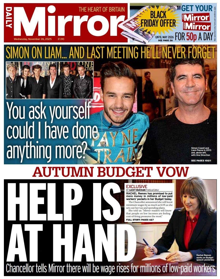 "Betimi i Buxhetit të Vjeshtës: Ndihma është afër", shkruhet në titullin kryesor të Daily Mirror.