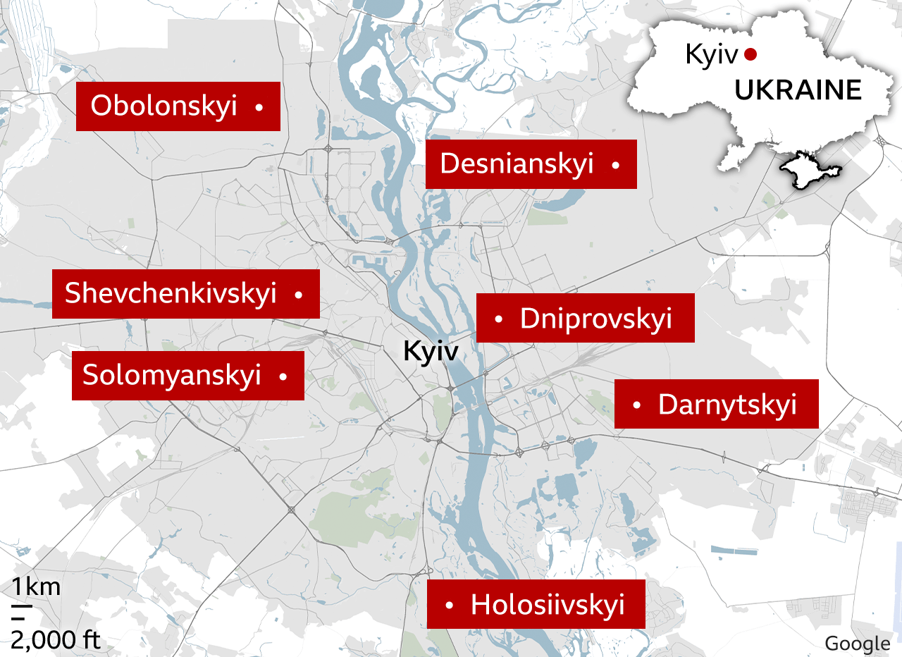 Një hartë e Kievit qendror që tregon rrethet Holosiivskyi, Darnytskyi, Dniprovskyi, Desnianskyi, Oblonskyi, Shevchenkivskyi dhe Solomyanskyi.