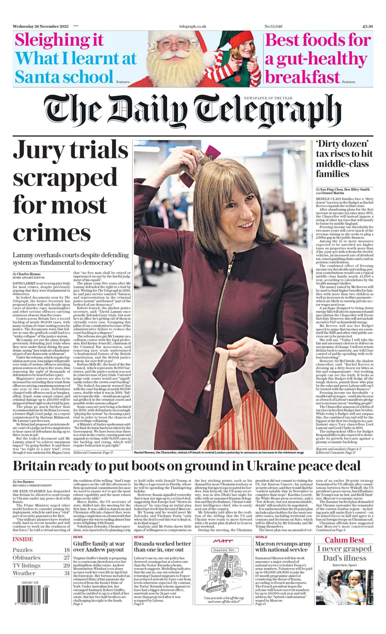 "Gjyqet me juri anulohen për shumicën e krimeve", shkruhet në titullin kryesor në faqen e parë të Daily Telegraph.