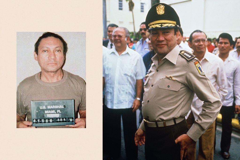 Një imazh i përbërë që tregon një fotografi të ish-liderit panamez Manuel Noriega në paraburgim në SHBA, pranë një fotoje të mëparshme të tij duke buzëqeshur me uniformë ushtarake dhe një kapelë.